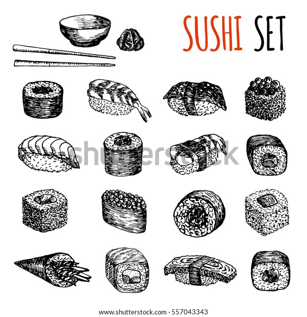 寿司と巻き寿司の手描きのイラスト アジア料理店 パンフレット チラシ ポスター ウェブサイトのメニューに使う日本食のスケッチ集 のベクター画像素材 ロイヤリティフリー