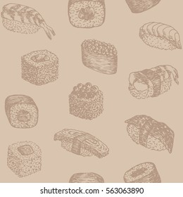 Sushi and rolls hand drawn pattern. Seafood illustrations. Seamless pattern with sketches Japanese food for menu of asian restaurant, brochures, flyers, posters, web sites