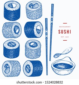 Sushi rolls hand drawn vector illustrations. Japanese cuisine elements vintage style. Asian food background.