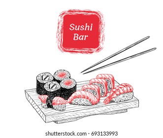Sushi and rolls of hand-drawn illustration. A set of sketches of Japanese cuisine for the menu of Asian restaurant, brochures, leaflets, posters, websites. Filed on the tip. The text "sushi bar"
