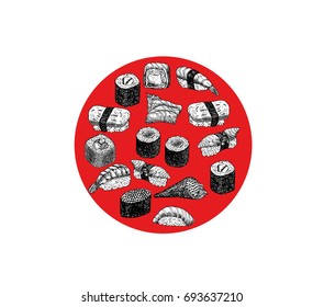 Sushi and rolls of hand-drawn illustration. A set of sketches of Japanese cuisine for the menu of Asian restaurant, brochures, leaflets, posters, websites. Lined in the form of a circle.