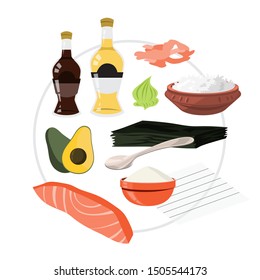 Sushi rolls at home ingredients. Cooking japanese food with rice, avocado and salmon. Isolated vector illustration in cartoon style