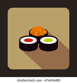 Sushi rolls icon in flat style on a coffee background