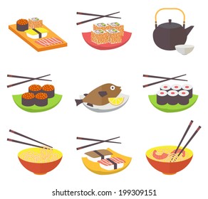 Sushi and rolls, Japanese cuisine, food icons set, flat design vector illustration. 