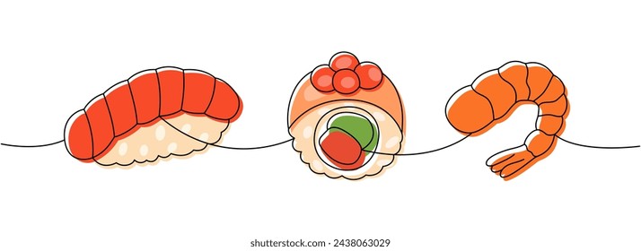 Sushi rolls. Japanese cuisine, traditional food one line drawing. Sake nigiri sushi, futomaki, philadelphia roll, fresh shrimp one line illustration.