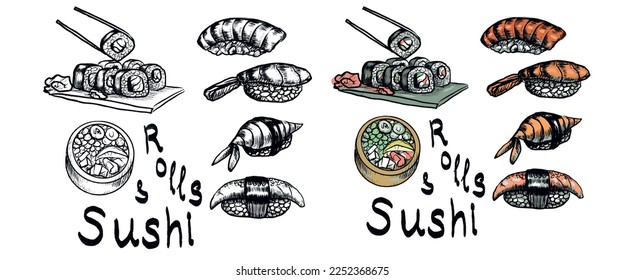 Sushi rolls japanese food chinese traditional cuisine rice fish salmon hand drawn set separately on white background unagi maki sticks chinese restaurant food menu Inscriptions in English sushi 