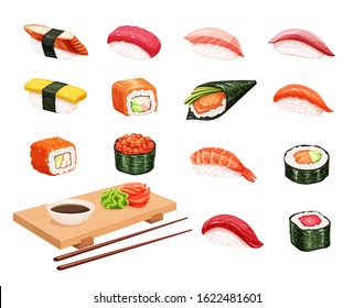 Sushi and rolls. Japanese food illustration for seafood shop design. Vector illustration.