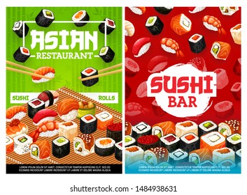 Sushi and rolls, Japanese food restaurant and bar menu covers. Vector Asian cuisine chopsticks and rolls with seafood salmon sashimi, tuna maki and caviar ikura hosomaki, ebi shrimp and ungi eel sushi