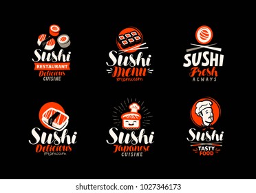 Sushi, rolls, Japanese food set of logos or labels. Vector illustration