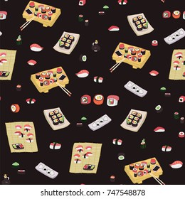 Sushi and rolls japanese food vector doodle seamless pattern