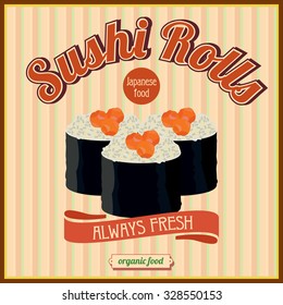 Sushi and rolls. Japanese food. Vintage vector illustration.