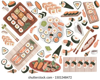 Sushi rolls, Japanese or Oriental cuisine, sea food. Vector doodle set.