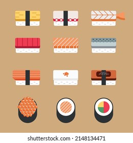 Sushi rolls japanese. Sushi roll, salmon, rice, minimal flat symbols. Seafood sushi rolls vector. Japanese seafood cuisine. 