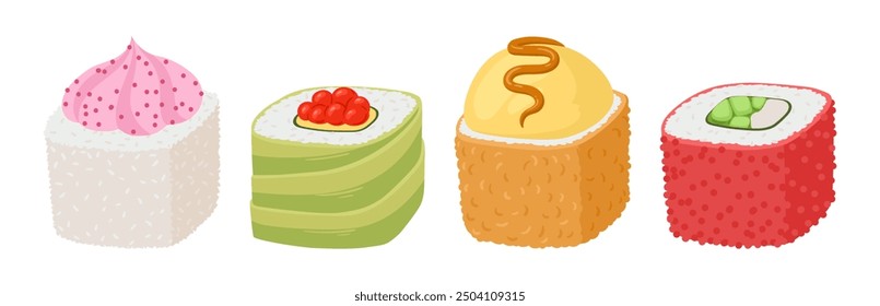 Sushi rolls. Japanese seafood dish, sushi, rolls with salmon, eel, tuna and caviar flat vector illustration set. Cartoon traditional asian cuisine