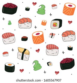 Sushi rolls and japanese seafood. Handdrawn pattern. Doodled background.  Traditional seaweed fresh raw food. Asia cuisine restaurant delicious. 