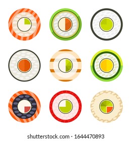 Sushi rolls. Japanese seafood sushi. Sushi roll with salmon eel tuna. Sushi rolls from traditional seaweed raw food. The restaurant serves delicious Asian cuisine. Vector illustration