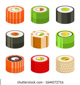 Sushi rolls. Japanese seafood sushi. Sushi roll with salmon eel tuna. Sushi rolls from traditional seaweed raw food. The restaurant serves delicious Asian cuisine. Vector illustration