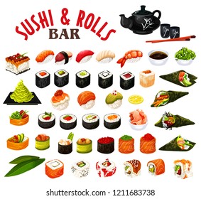 Sushi and rolls of japanese seafood with sauce and chopsticks. Vector roll, uramaki and inari, nigiri and gunkan, temaki sushi with salmon fish, rice and shrimp, seaweed nori, tuna, caviar and avocado