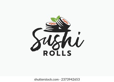 sushi rolls logo with a combination of sushi rolls, leaves, and lettering for sushi bars, restaurants, cafes, etc.