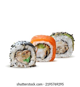 Sushi rolls low poly. Fresh, nutritious, tasty sushi rolls. Vector illustration. Appetizer with fish in triangulation technique.