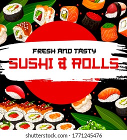 Sushi rolls meals with maki and nigiri sushi. Vector. Philadelphia and California rolls, nigiri and gunkan, hokkigai and oshi with salmon roe, raw tuna and seaweed seafood. Sushi bar banner