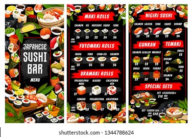 Sushi and rolls menu, Japanese cuisine. Vector maki and nigiri, futomaki and uramaki, gunkan and temaki, ikura and philadelphia, unagi. Salmon and eel, avocado and squid, soy sauce and chopsticks