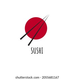 Sushi or rolls minimal logo. Red circle and chopstick. Japanese traditional cuisine concept. Vector icon