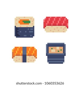 Sushi and rolls and miso soup food pixel art icon japanese cuisine isolated vector flat illustration on white backround, element design for menu, stickers, logo, mobile app. Video game assets 8-bit.