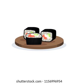 Sushi rolls with nori, rice and salmon, traditional Japanese cuisine food vector Illustration on a white background