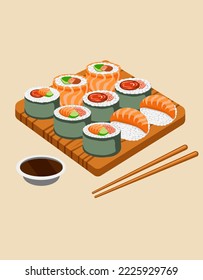 Sushi, rolls are not only an exotic dish, but also a great choice in a cafe or restaurant. This image has a wide range of uses - both as an illustration and a logo.