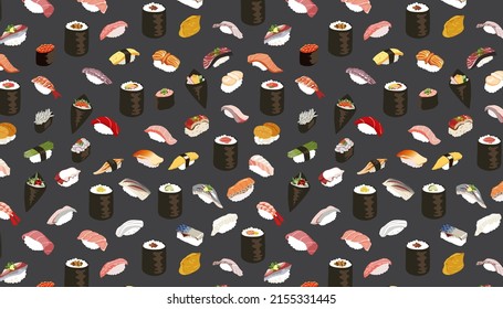 Sushi And Rolls on dark background. 