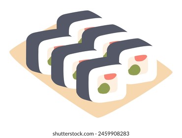 Rollos de sushi en plato en diseño plano. Menú asiático tradicional para la entrega de alimentos. Ilustración vectorial aislada.