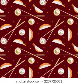 Sushi and rolls on red background seamless pattern. Japanese, asian food design for fashion , fabric, textile, wallpaper, cover. Vector illustration.