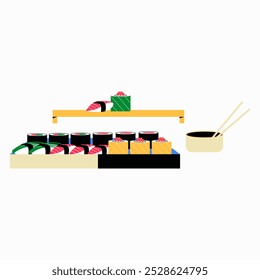 Sushi rola em bandeja de serviço em vetor plano ilustração simbolizando cozinha japonesa, jantar e experiência culinária, isolado no fundo branco