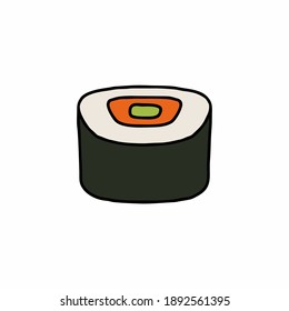 Sushi and rolls on a white background. Vector icon in doodle style. National Japanese food.