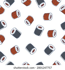 Sushi and rolls on a white background. Vector icon in doodle style. National Japanese food. Seamless pattern.