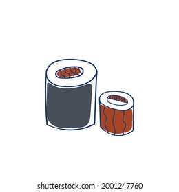 Sushi and rolls on a white background. Vector icon in doodle style. National Japanese food.