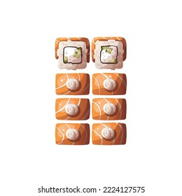 Sushi rolls on the white background. Japanese food, healthy eating, cooking, menu, nutrition concept. Vector illustration. 
