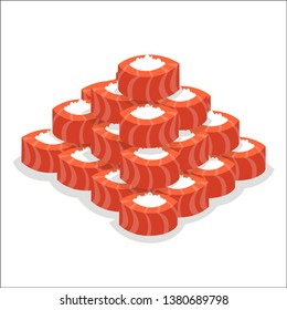 Sushi rolls on a white porcelain dish, isolated on grey background, vector illustration