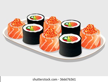 Sushi rolls on a white porcelain dish, isolated on grey background, vector illustration