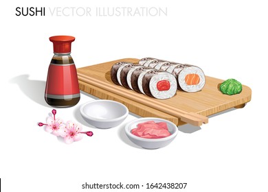 Sushi rolls on wood with chop sticks, wasabi, ginger and soy sauce bottle. Fish roll. Tuna maki. Salmon Maki. Realistic vector illustration.
