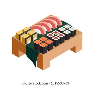Sushi and rolls on a wooden plank. The illustration is made in isometry.