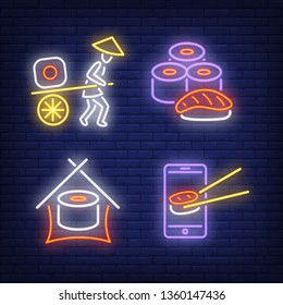 Sushi rolls order and delivery neon signs set. Food, restaurant, Japanese cuisine design. Night bright neon sign, colorful billboard, light banner. Vector illustration in neon style.