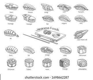 Sushi rolls outline set. Japanese food for sushi rolls shop bar menu, banner, flyer, card and etc.