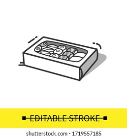 Sushi rolls in a paper box line icons.Foldable,disposable container for Japan menu.
.Take away.Fast Food Packaging.Isolated vector illustration.Editable stroke
