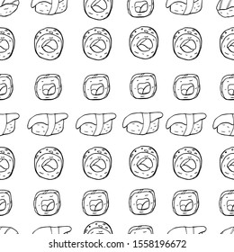 sushi and sushi rolls pattern in black and white isolated on transparrent backgound