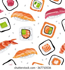 sushi rolls pattern. Japanese Food. Vector seamless Illustration.