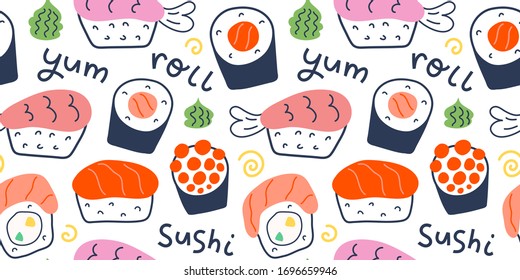 Sushi rolls pattern, seafood illustration, philadelphia, maki and nigiri, yummi japanese food with salmon and shrimp, cute doodle art, seamless vector background for sushi bar, cafe and delivery