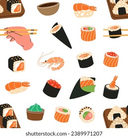 Sushi and rolls pattern. Sushi seamless background. Tobiko maki, philadelphia roll, onigiri, shrimp nigiri, futomaki, sake temaki, soy bowl, vasabi.