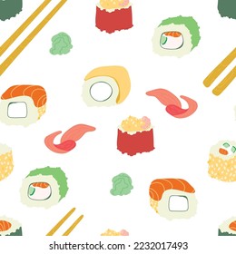 Sushi rolls pattern seamless. Traditional Japanese food background. Vector texture